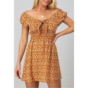 Floral Orange Off The Shoulder Dress Cottage Peasant Boho Bohemian Prairie Large